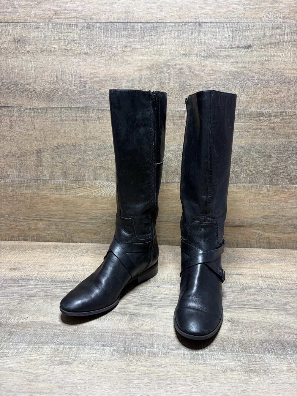 Nine West Black Leather Mid-Calf Riding Boots